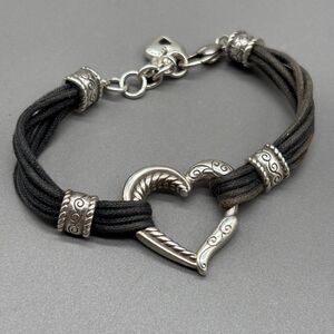 Brighton Heritage Heart Bracelet Black Cord Silver Plated Scroll Adjustable 7"